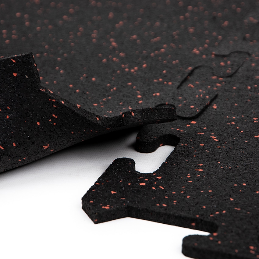 Interlocking gym tile in black with red speckles, 50x50 cm rubber flooring for home and commercial fitness spaces